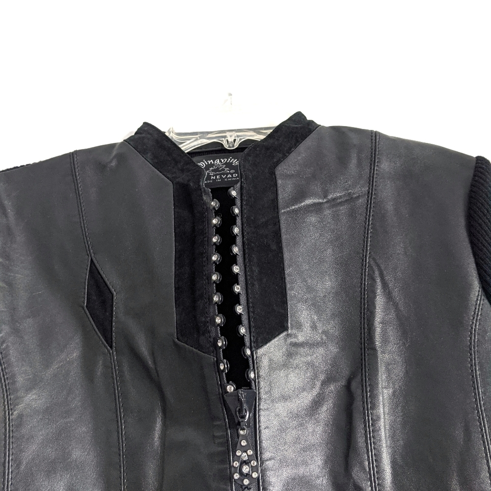 Zingzing genuine leather jacket pockets rhinestones zipper ribbed back sleeves - Picture 2 of 11